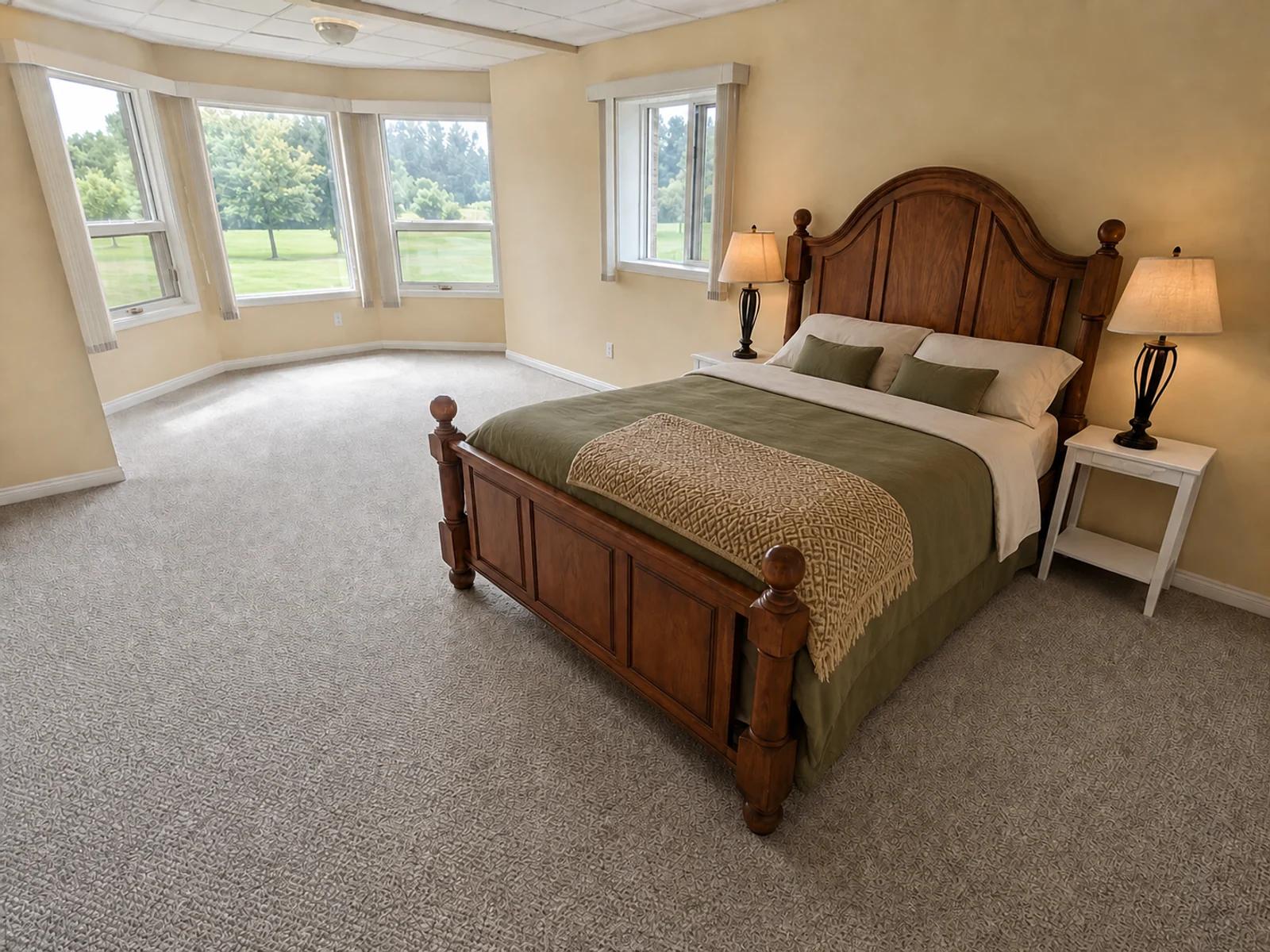 AI-enhanced photo of the countryside retreat bedroom overlooking green space